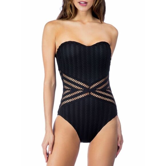 New! KENNETH COLE Crochet Bandeau Black Women's One-Piece Swimsuit Bathing Suit - Picture 7 of 9